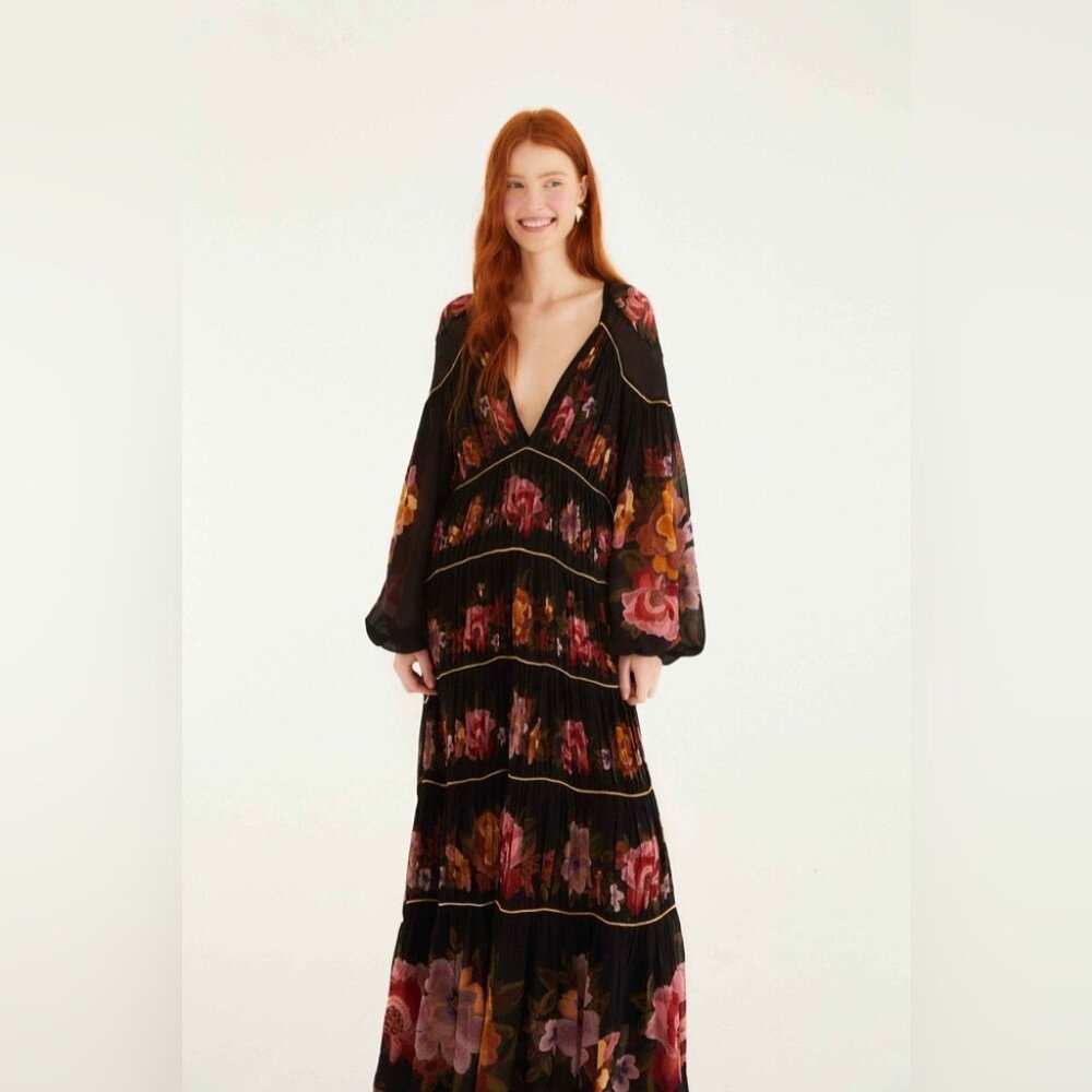 Farm Rio: Black Chenille Flowers Long Sleeve Midi Dress DT - Picture 4 of 10
